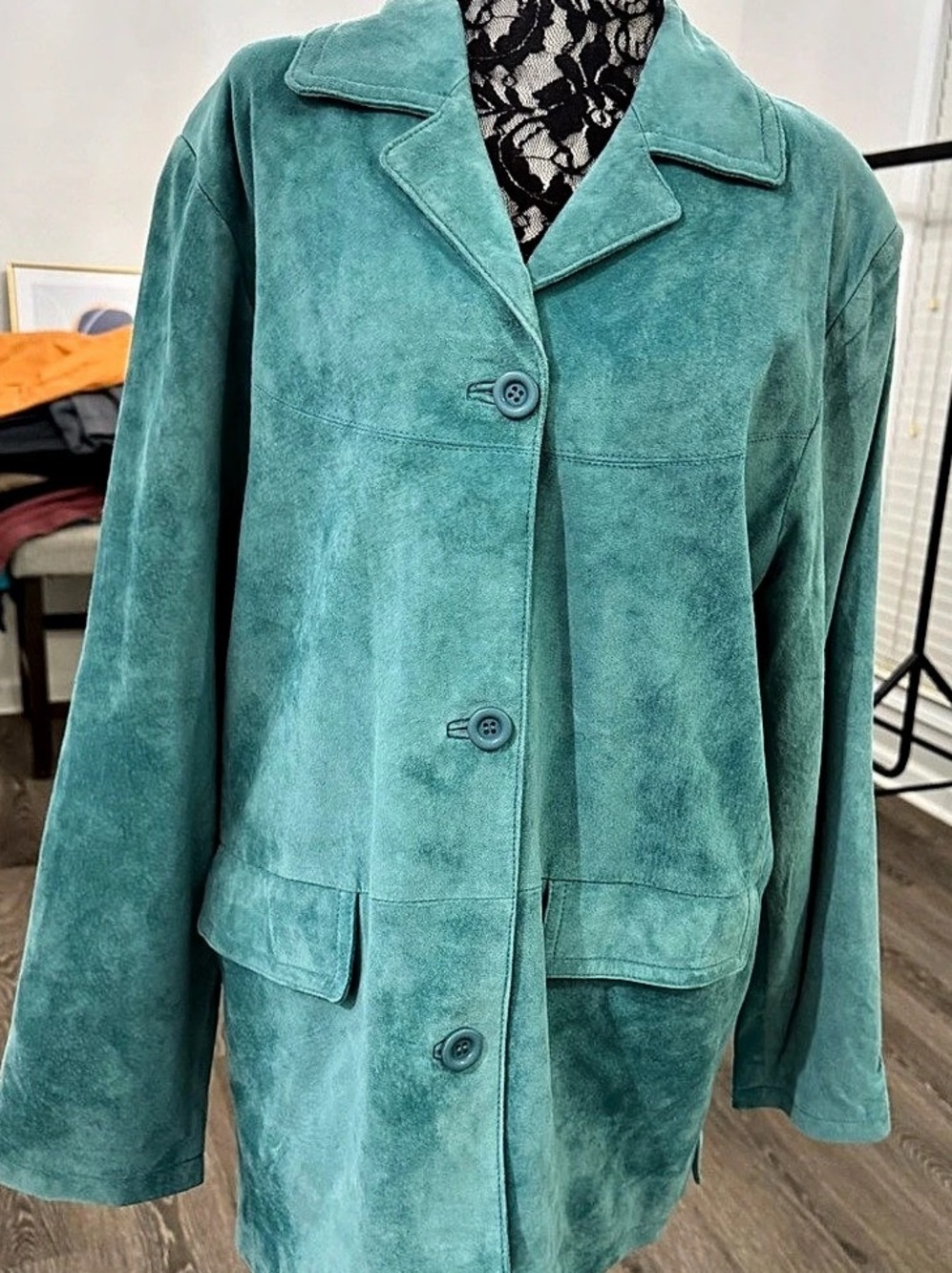 Jessica Holbrooke Genuine Washable Leather Jacket in Teal Turquoise Size Large N